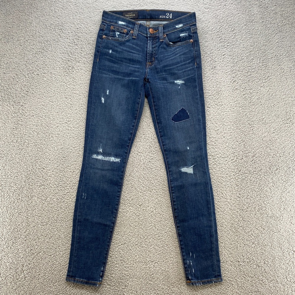 J. Crew Toothpick Jeans‎ Womens 24 Low Rise Skinny Distressed Patch Stretch Blue